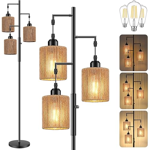 Hotsonic 72" Tall Boho Rattan Style Floor Lamp with Hand-Woven Paper Cord Shade, Dimmable Industrial Tree Standing Lamp for Living Room, Bedroom, Study Room, Office (3 x 800LM Bulbs Included) - Black