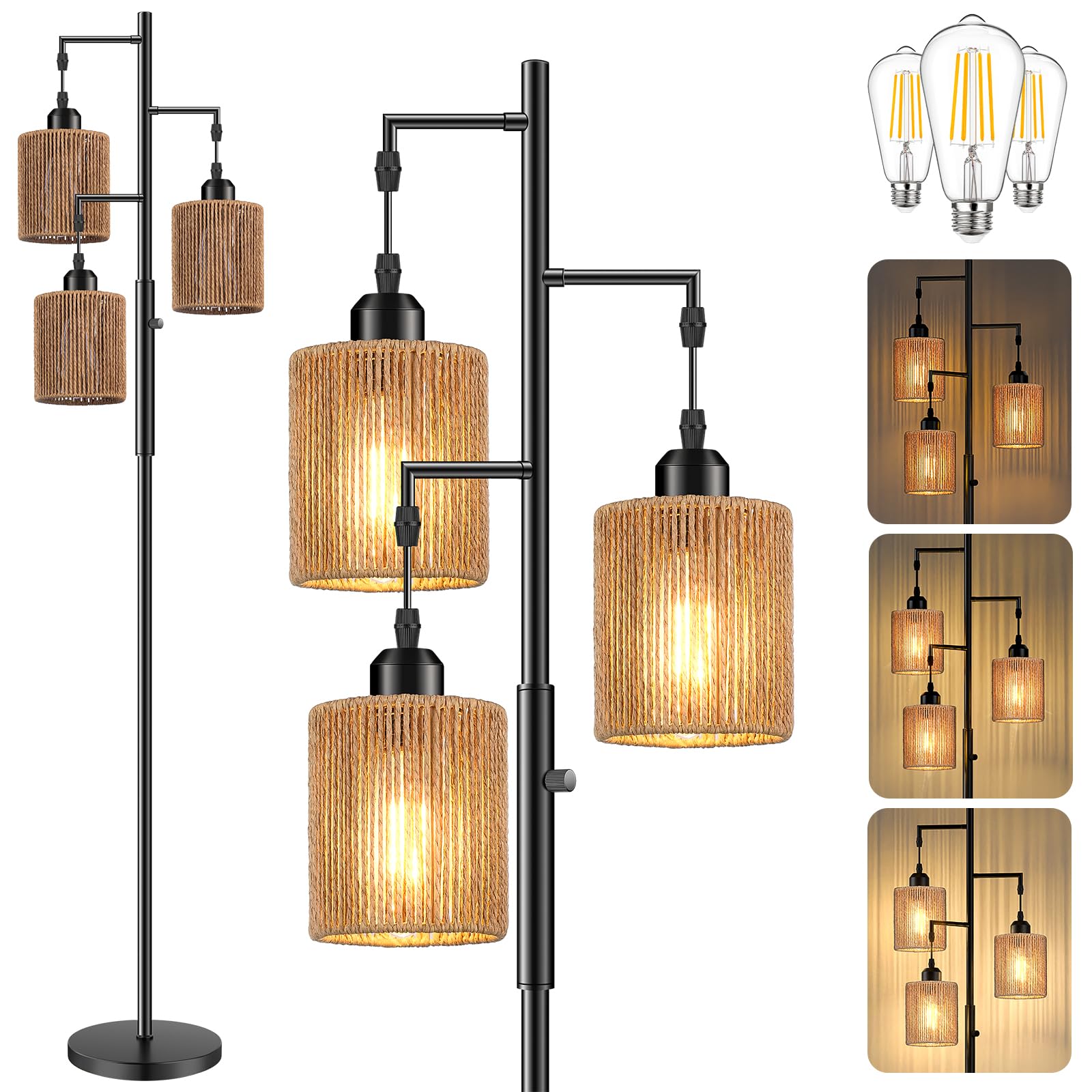 Hotsonic 72" Tall Boho Rattan Style Floor Lamp with Hand-Woven Paper Cord Shade, Dimmable Industrial Tree Standing Lamp for Living Room, Bedroom, Study Room, Office (3 x 800LM Bulbs Included) - Black