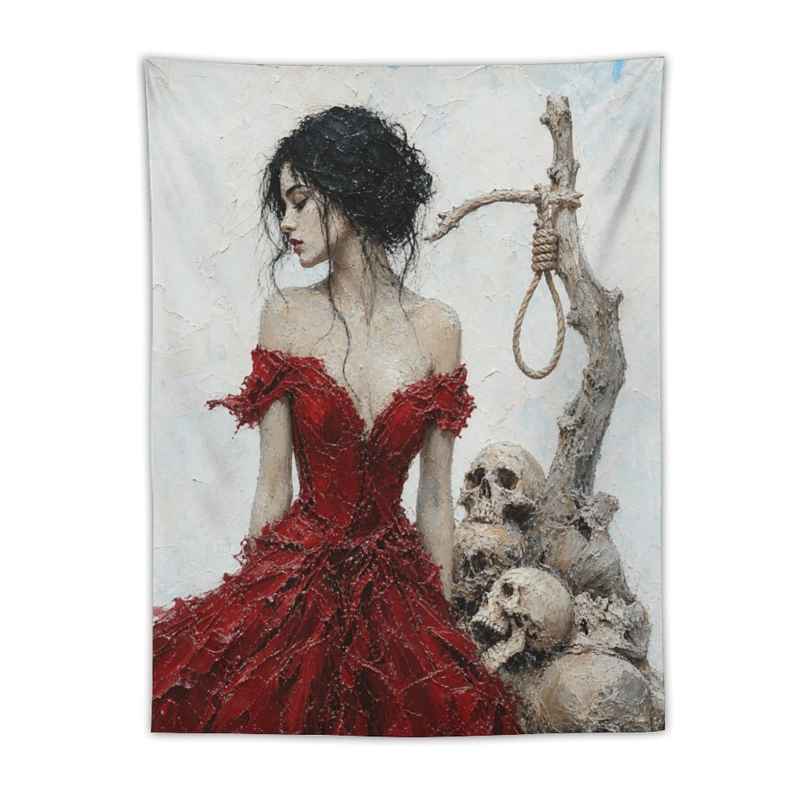 H3B8U2Y5 Woman in Red Dress with Skulls Wall Tapestry, Sofa Area