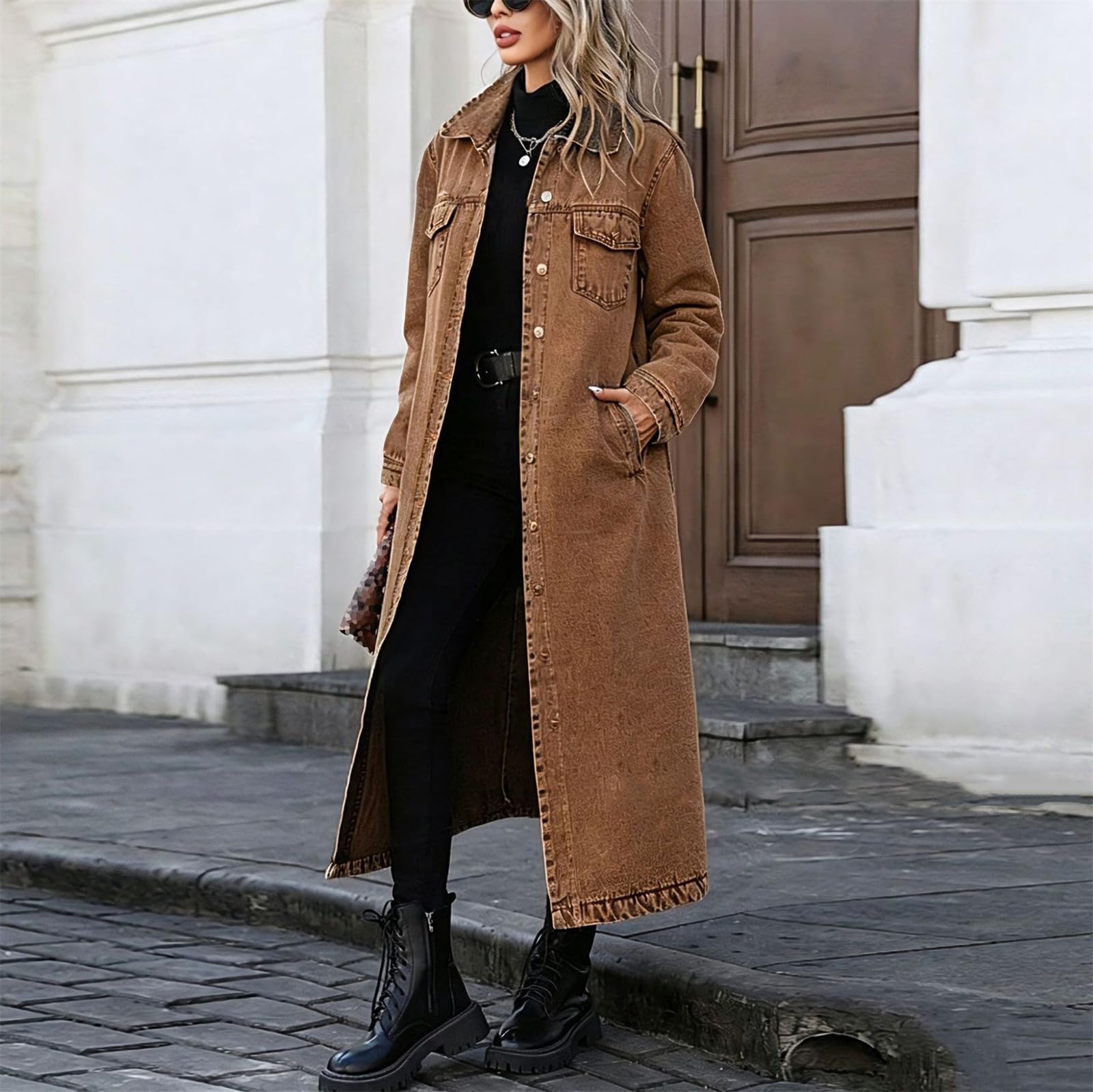 Trench Dżinsowy Długi Damski Klapa Guziki Kurtka Denim Luźna Oversize, karmelowy, XL | Wiatroodporny dżins z praktycznymi kieszeniami bocznymi. Łatwe dopasowanie do innych ubrań. Com, idealny do pracy