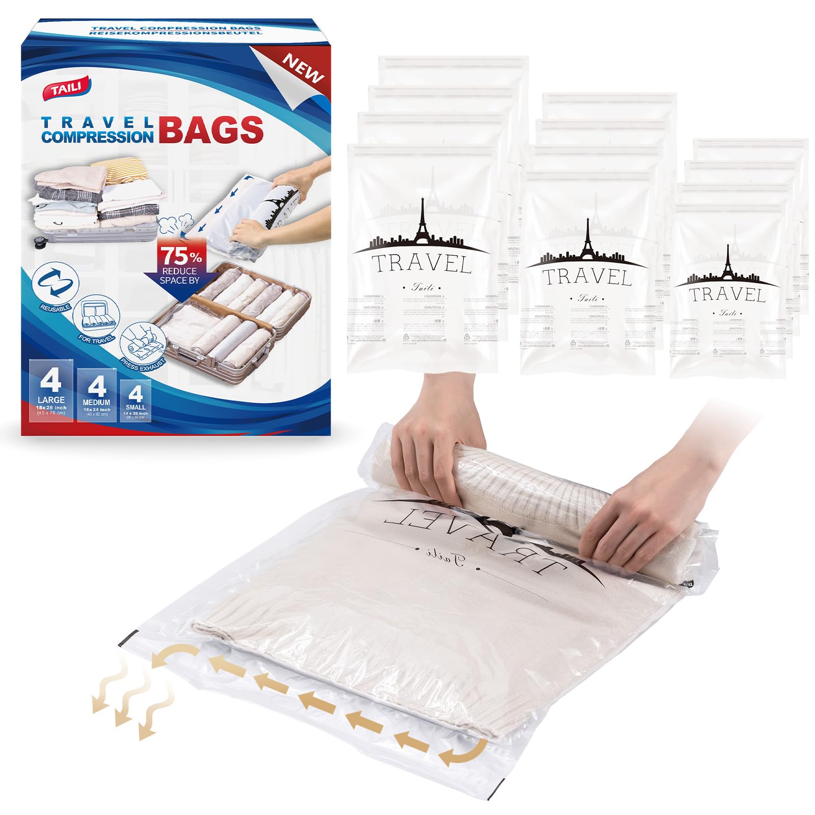 TAILI 12 Travel Compression Bags, Roll Up Space Saver Bags (4 Small+4 Medium+4 Large), Hand Roll Packing Storage Bags for Baggage, Suitcase and