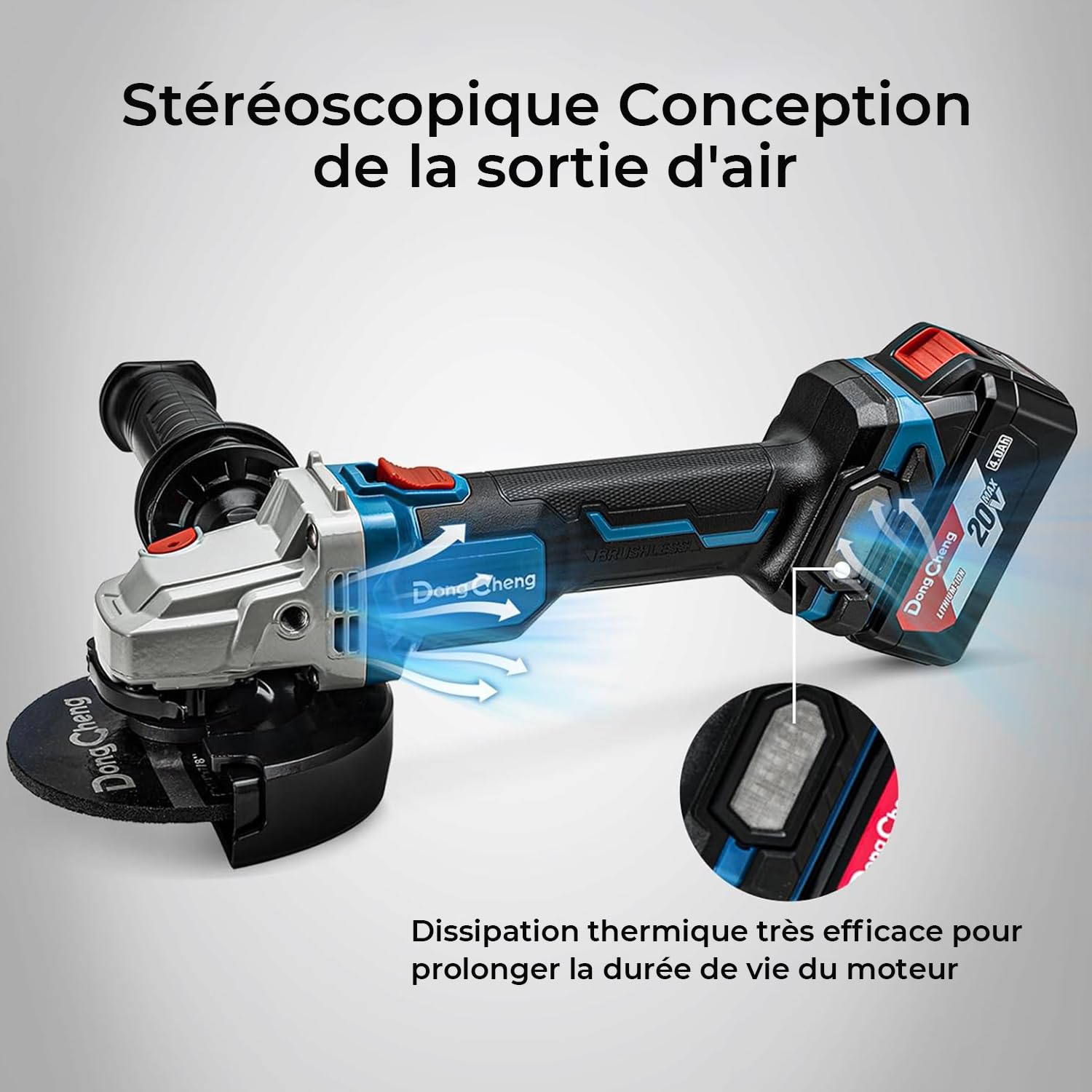 DongCheng Meuleuse d'angle sans fil 18 V, Disqueuse 125 mm, 630 W, profondeur de coupe 33 mm, Meuleuse augulaire sans balais Poignée anti-vibration, Meuleuse sans fil avec batterie 4.0Ah
