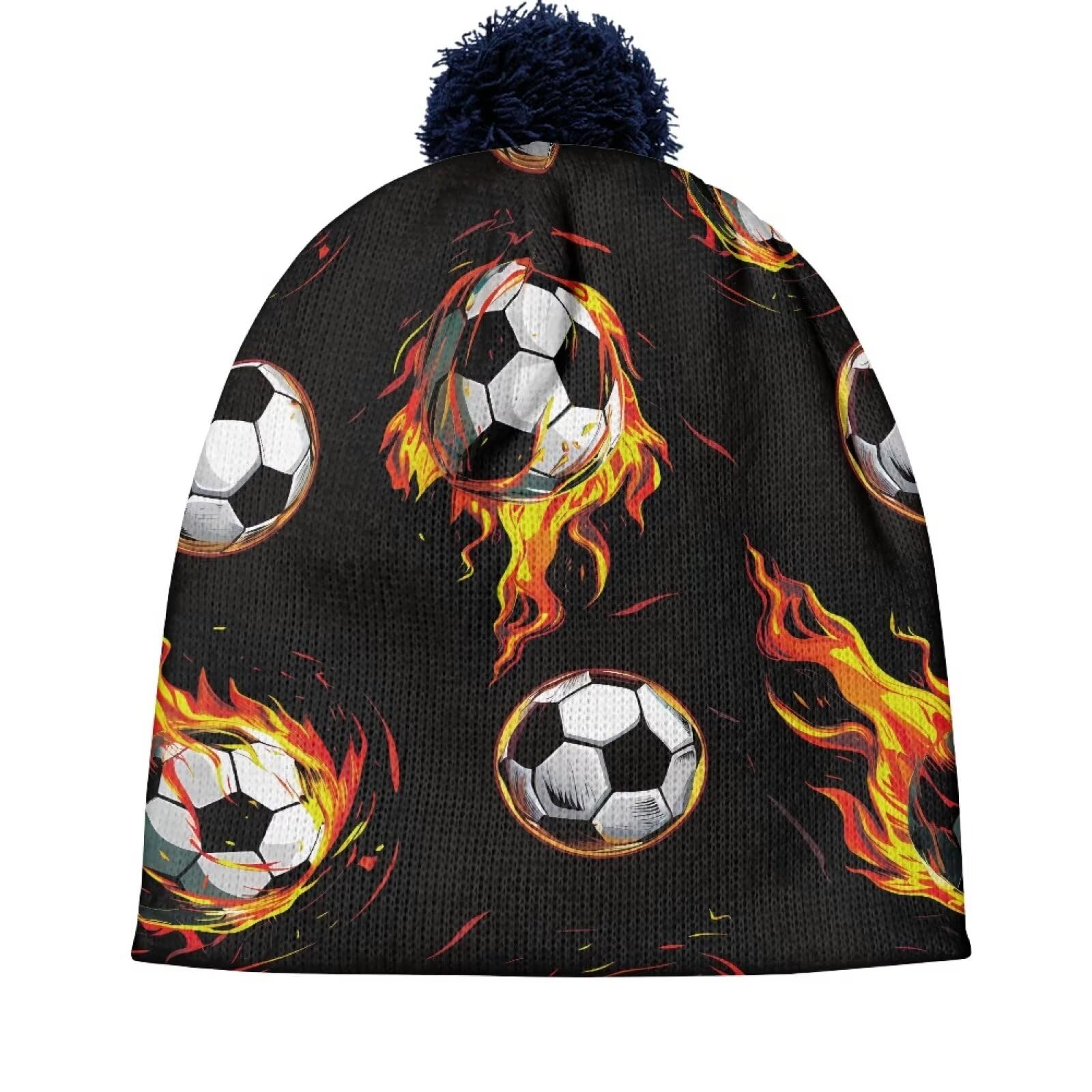 Hechitok Soccer Flame Beanie Hat Girls Boys Winter Hat Pom Knit Hat Beanies with Ball at Top Winter Pom Cap with Cuff for Active Workout, Blue Ball