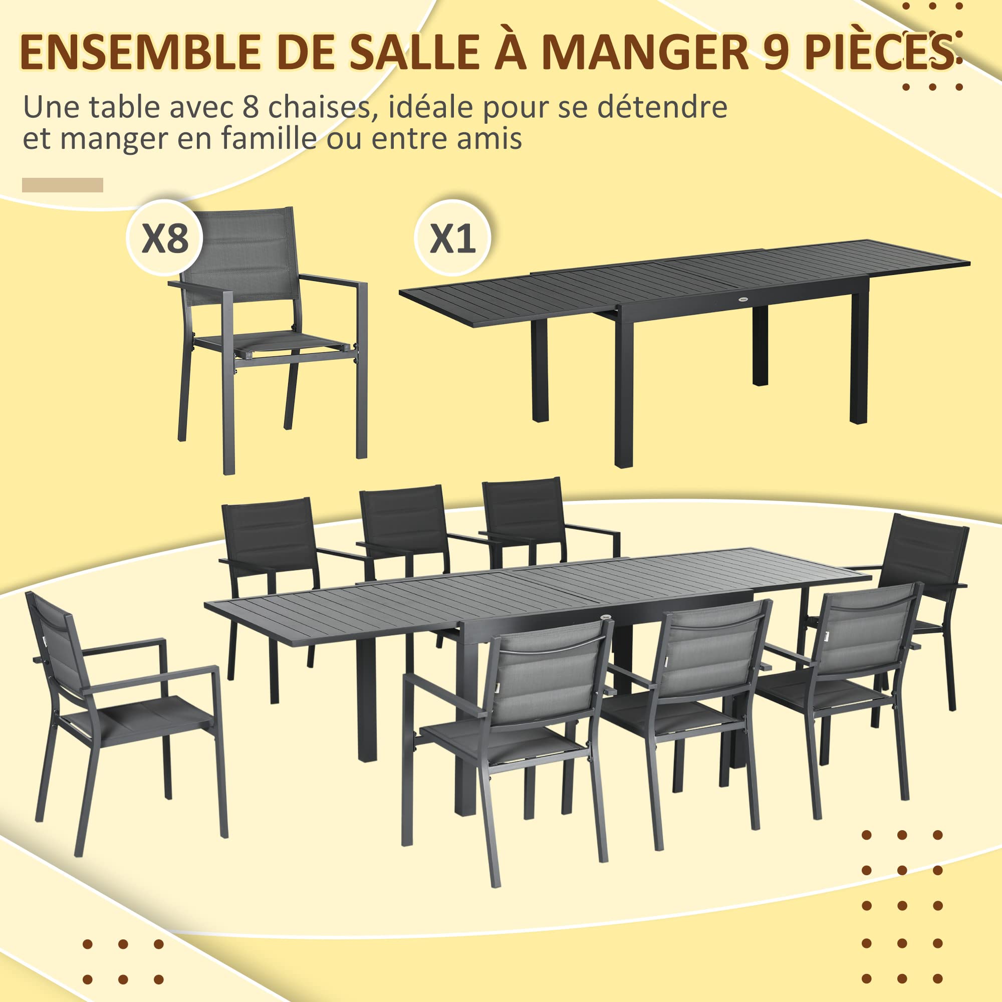 Outsunny Salon de Jardin Exterieur 8 Personnes Table de Jardin Extensible 135-270 cm pour 6-8 Personnes en Aluminium et textilène - 8 chaises empilables - Gris