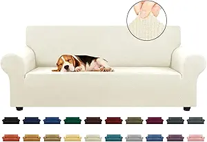KEKUOU Stretch Sofa Cover Slipcover ,Couch Covers for 3 Cushion Couch Sofa pet Friendly (78"-94") Furniture Protector Sofa with Elastic Bottom for Kids,Dog, Jacquard Small Checked(Large,Beige)
