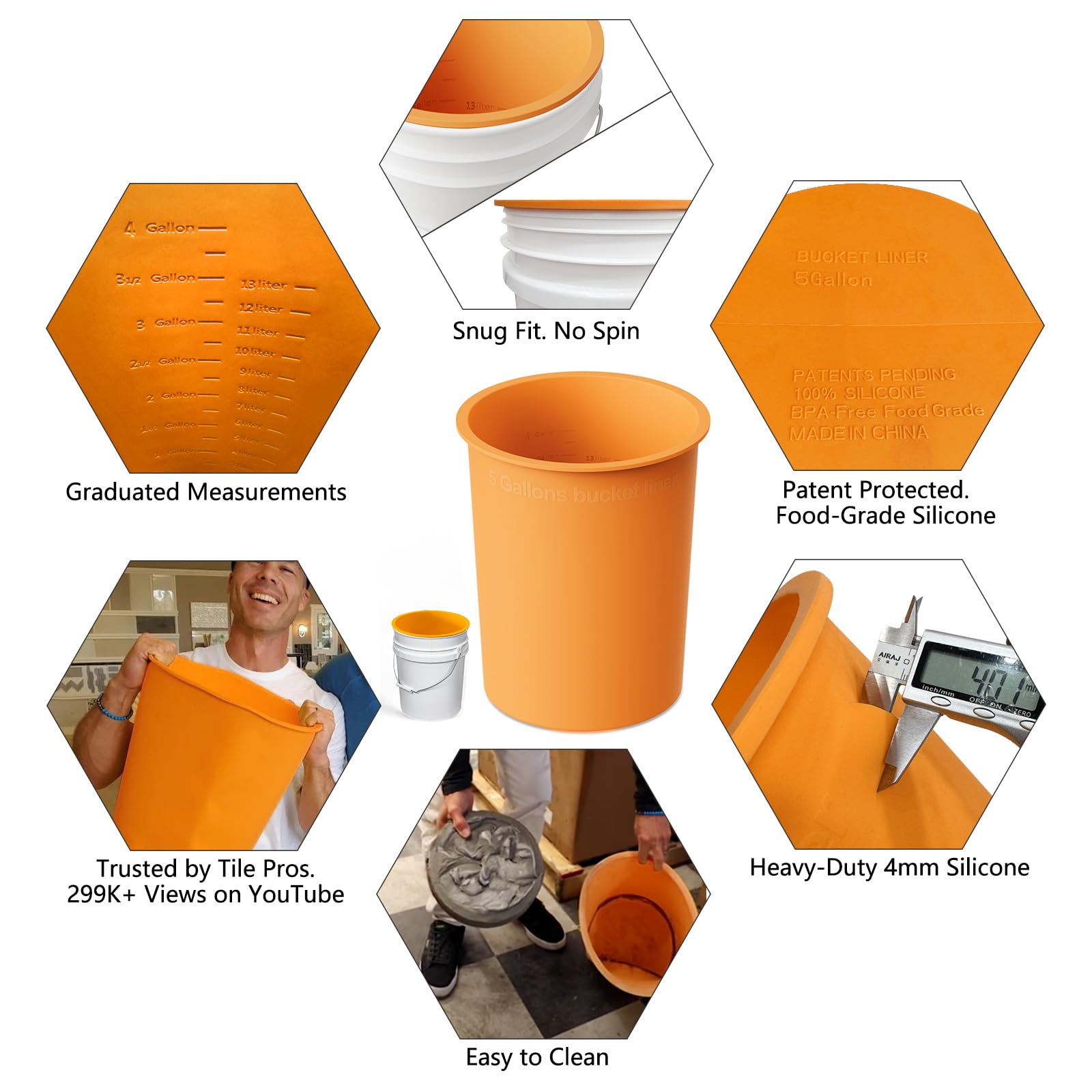 Cubo de silicona reutilizable de 5 galones, resistente, 118 mil, para pintura Thinset, epoxi, hormigón, mezcla, almacenamiento seguro de alimentos (5 galones, naranja)