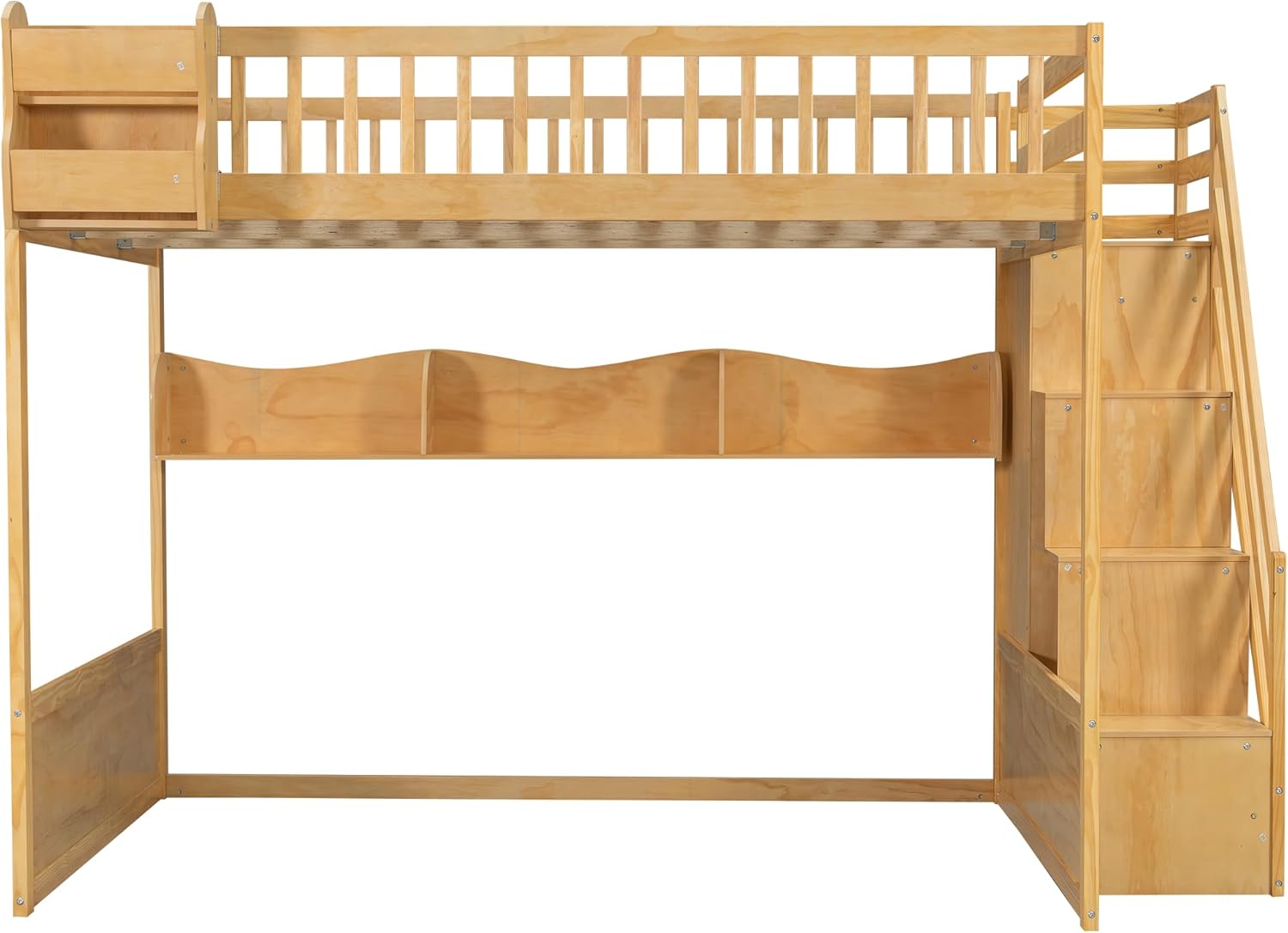 Merax Queen Size Wood Loft Bed Frame with Staircase,Storage Shelves & Wardrobe for Teens, Modern Loft Bed with Solid Slats, Guardrail, No Box Spring Required, Easy Assembly, for Bedroom, Natural