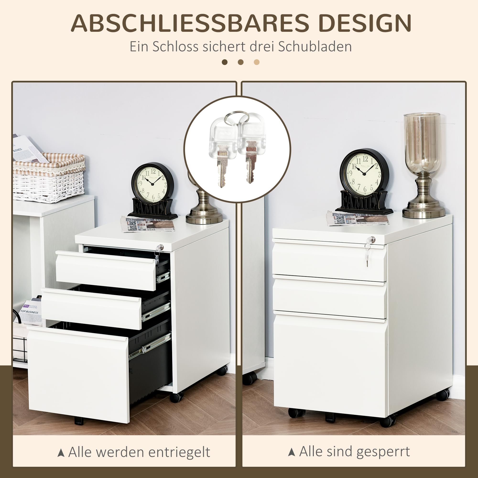 Vinsetto Aktenschrank Mit 3 Schubladen & Schloss – Mobiler Stahlschrank Fürs Home Office, Platzsparend Unter Dem Schreibtisch