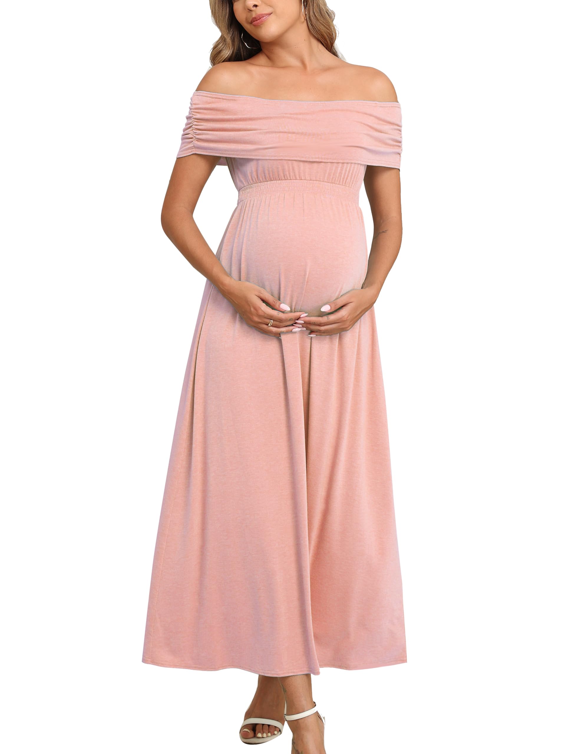 Vmslyii Women's Light Pink Off The Shoulder Maxi Maternity Dress For Photoshoot Baby Shower Sleeveless Casual Long Dresses, S