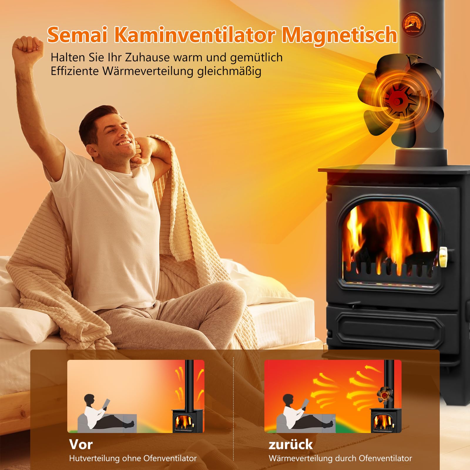 semai Kaminventilator Magnetisch, 6 Blättern Leiser Kamin Ofenventilator ohne strom mit Thermometer für Holz/Brennholz/Feuerstelle/Ofenrohr - 1pcs Ersatzteil Ring