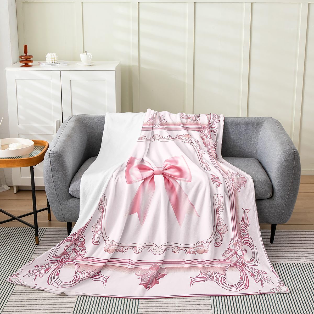 Cute Bowknot Throw Blanket Boys Girls,Damask Flower Fuzzy Blanket All Seasons Bedding Set,Luxury Ribbon Bow Pink Plush Blanket Warm,Twin (60 x 80 Inches)