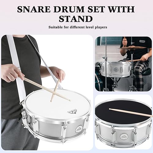 Miniatura 33 de EASTROCK Juego de batería de caja de 14 x 5.5 pulgadas para estudiantes principiantes con bolsa de concierto, baquetas, soporte, llaves de batería