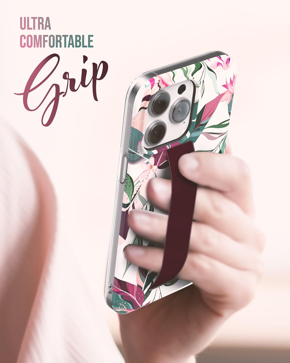 ENCASED Hand Loop Case for iPhone 14 PRO Case with Strap and Tempered Screen Protector (Maroon Green Leaf) - Image 5