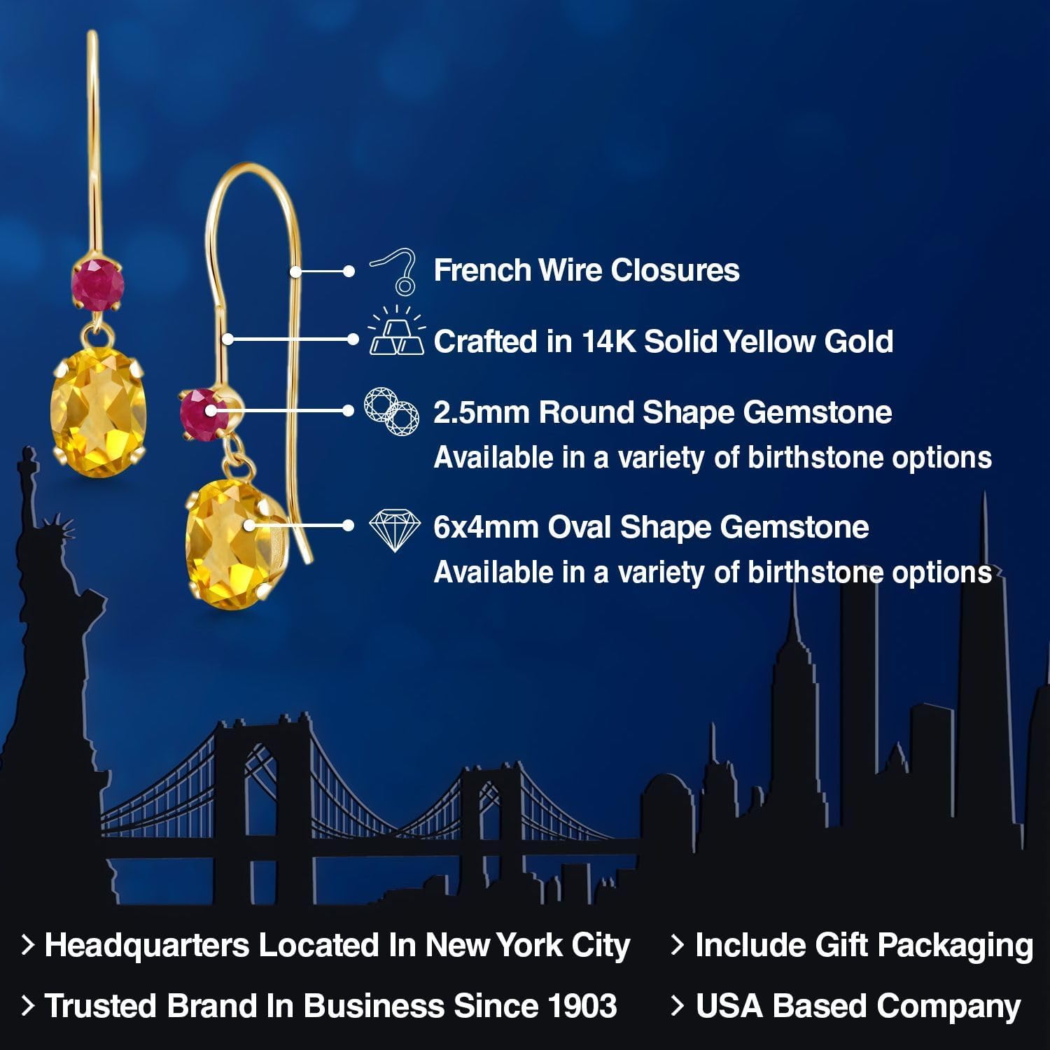 Gem Stone King 14K Yellow Gold Yellow Citrine and Red Ruby French Wire Dangle Earrings For Women | 1.04 Cttw | Gemstone November Birthstone | Oval 6X4MM and Round 2.5MM