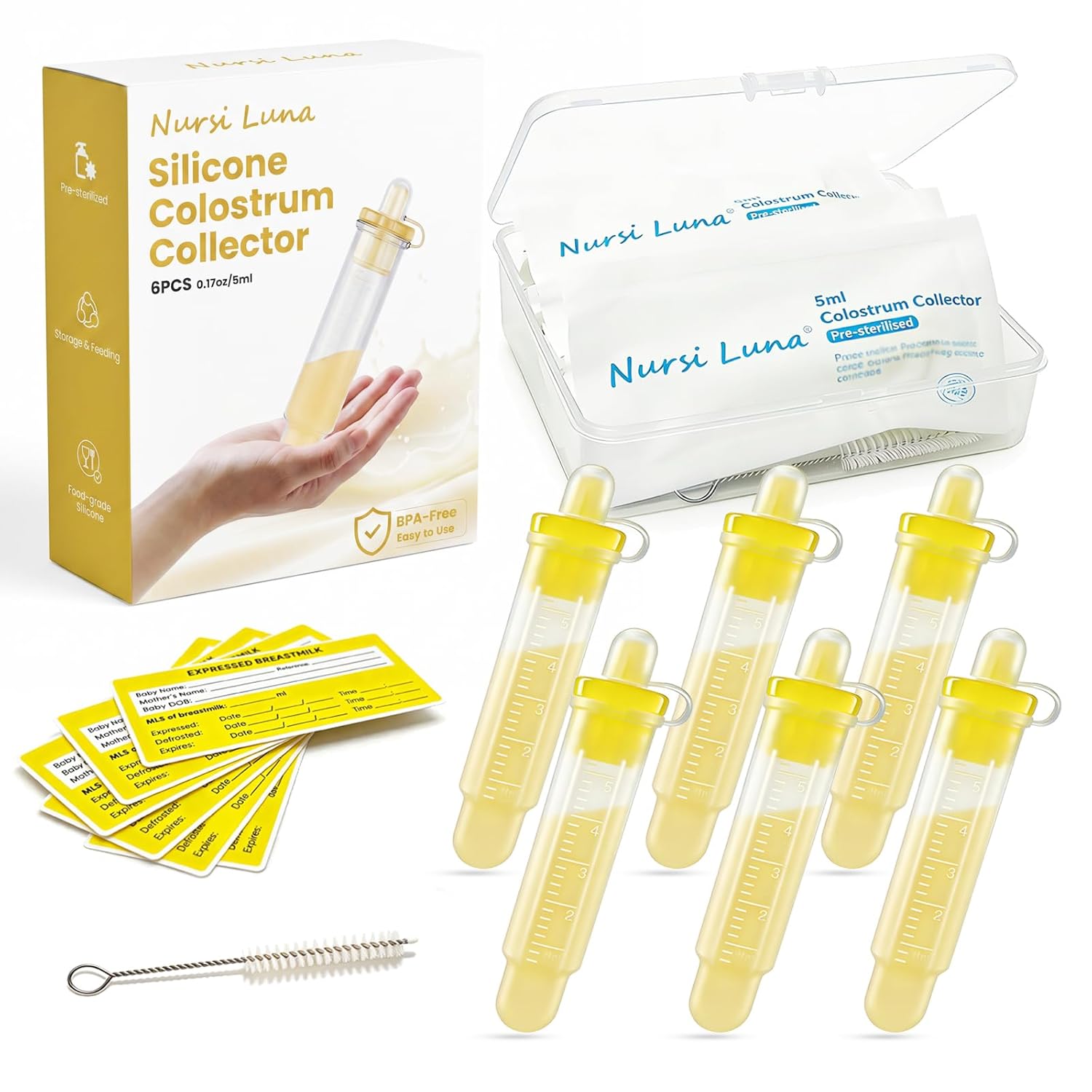 Nursi Luna Colostrum Collector, 5ml-6pcs Silicone Colostrum Collection Kit with Storage Case, Reusable Portable Breast Milk Collector, Newborn Hospital Bag Essentials, BPA Free