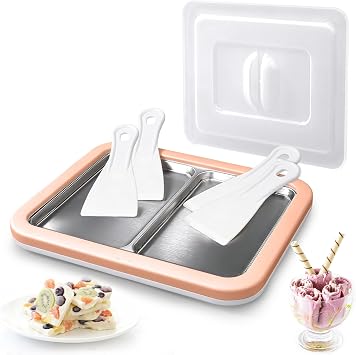 Rolled Ice Cream Maker, Dual Trays Instant Ice Cream Maker, Food-Grade Homemade Frozen Yogurt Maker for Kids & Family, DIY Ice Roll Machine with 4 Spatulas, Dustproof Design Peach Fuzz