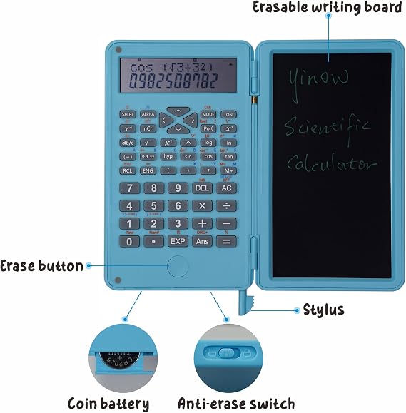 Scientific Calculator with Erasable LCD Writing Tablet, 2-Line Digits Display Handheld Pocket Size Portable Calculadoras for School Office Home Work, Blue