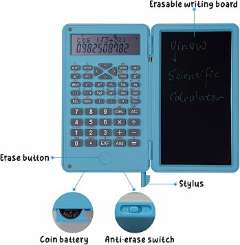 Scientific Calculator with Erasable LCD Writing Tablet, 2-Line Digits Display Handheld Pocket Size Portable Calculadoras for School Office Home Work, Blue
