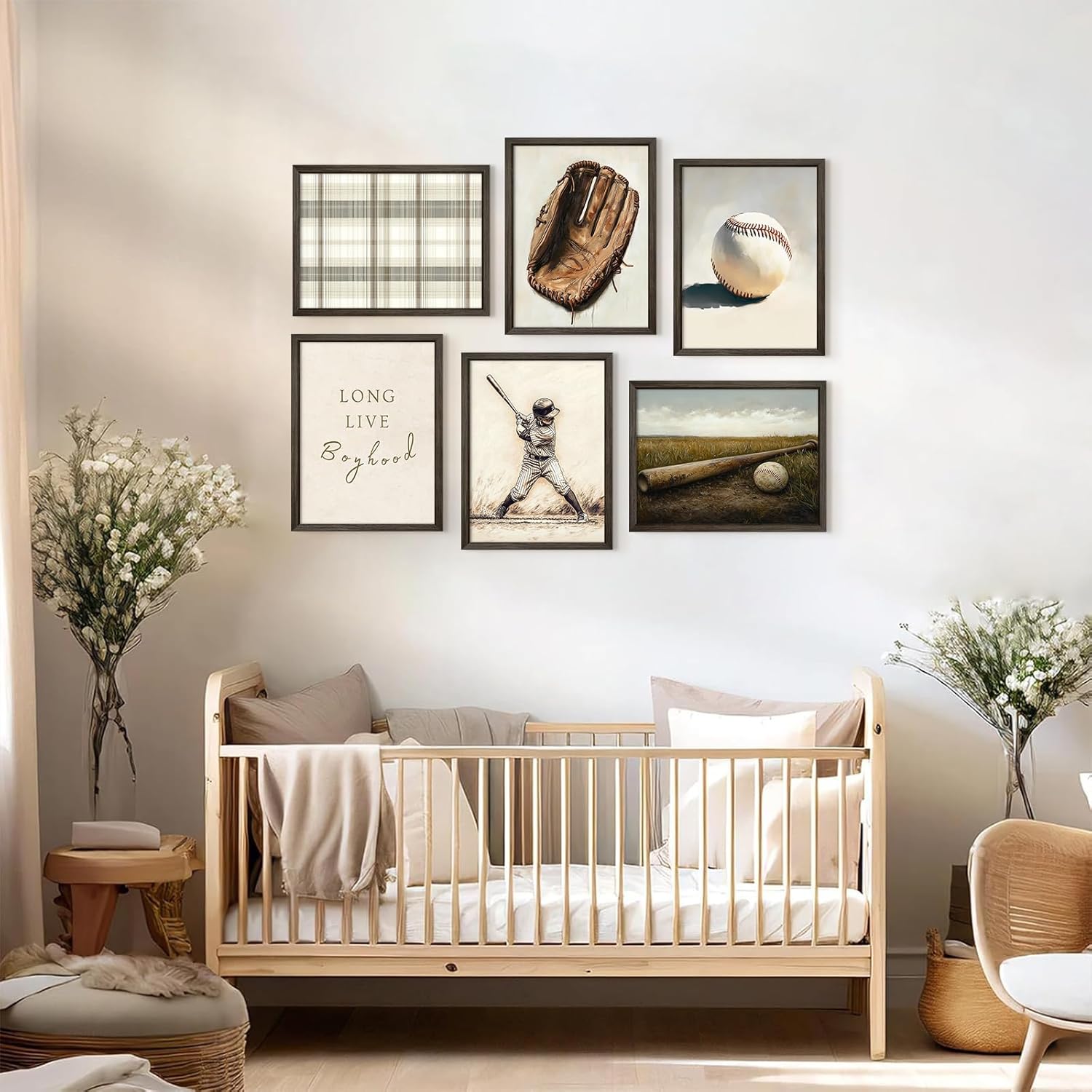 Vintage Baseball Nursery Wall Art Boys Room Canvas Poster Vintage Sports Wall Decor Baby Kids Prints Baseball Field Pictures Sage Green Painting Neutral Artwork for Bedroom 8x10x6 Inch Wood Framed