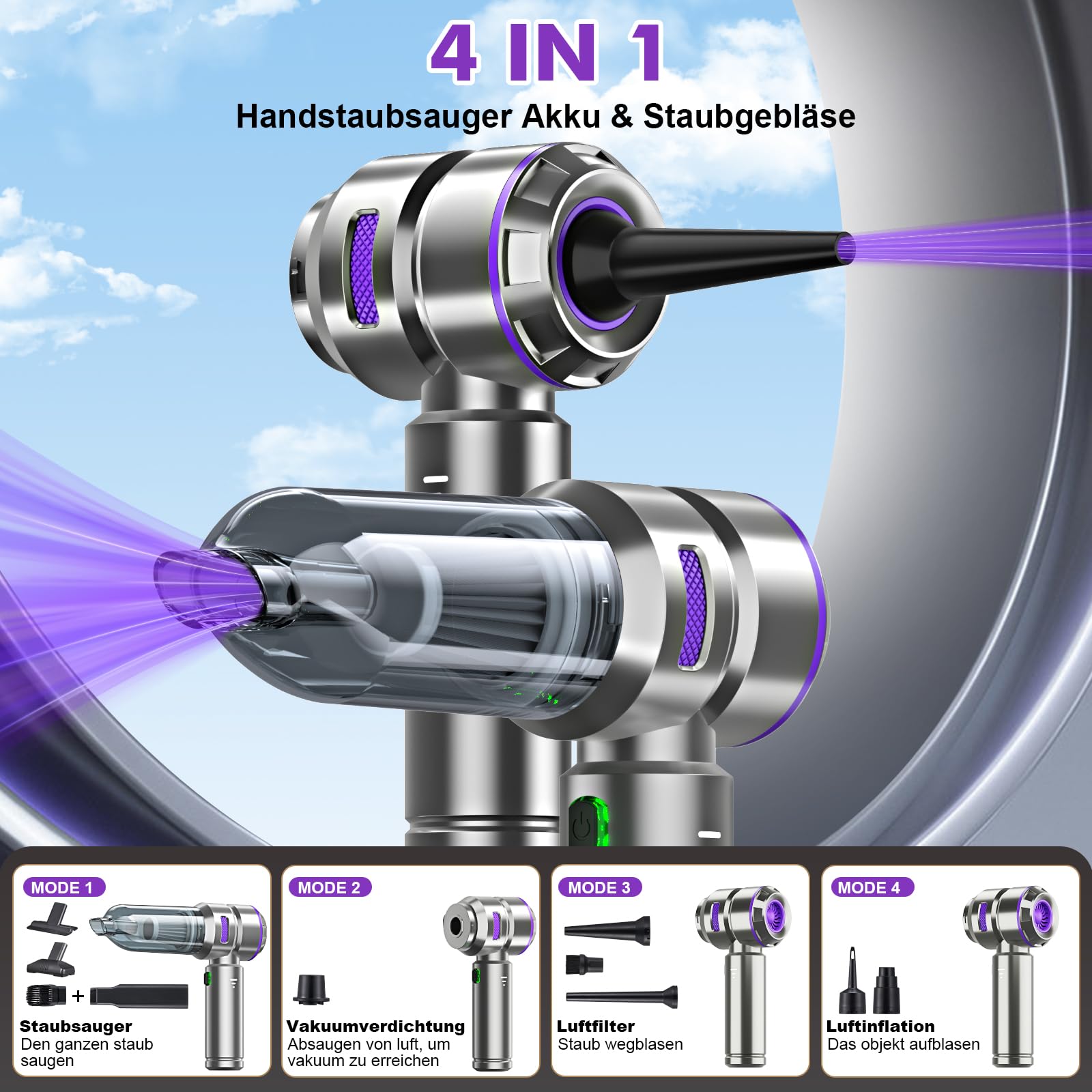 4-in-1 Handstaubsauger Akku,Auto Staubsauger Stark,28000PA Handstaubsauger Kabellos,3-Gang 240000 U/min Elektrische Staubgebläse Druckluftspray für Auto,Küche,PC,Sofa,Büro,Haus& Tierhaar Reinigung.