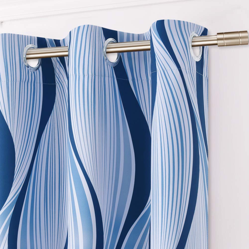 NICETWON Blue Curtains 84" Intersect Geometry Pattern Printed Ring Top Room Darkening Drapes, Blue Wave Lines Home Decoration Curtain Panels for Living Room, 52" W, Sold as 2 Panels
