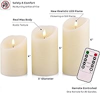 Vista 2 de VENTA Juego de 3 velas de pilar de marfil cálido Velas de cera real operadas por baterías con llama parpadeante Decoración atemporal para todo