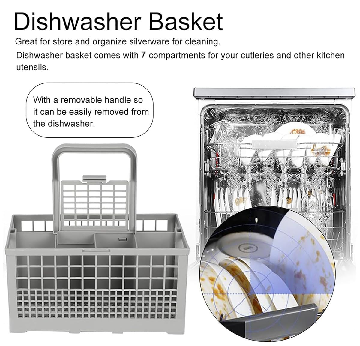 Dishwasher Cutlery Basket, Removable Handle, Dishwasher, Durable Plastic Net, 24 x 14 x 12.4 cm, Universal Replacement Parts Compatible, Grey - 5