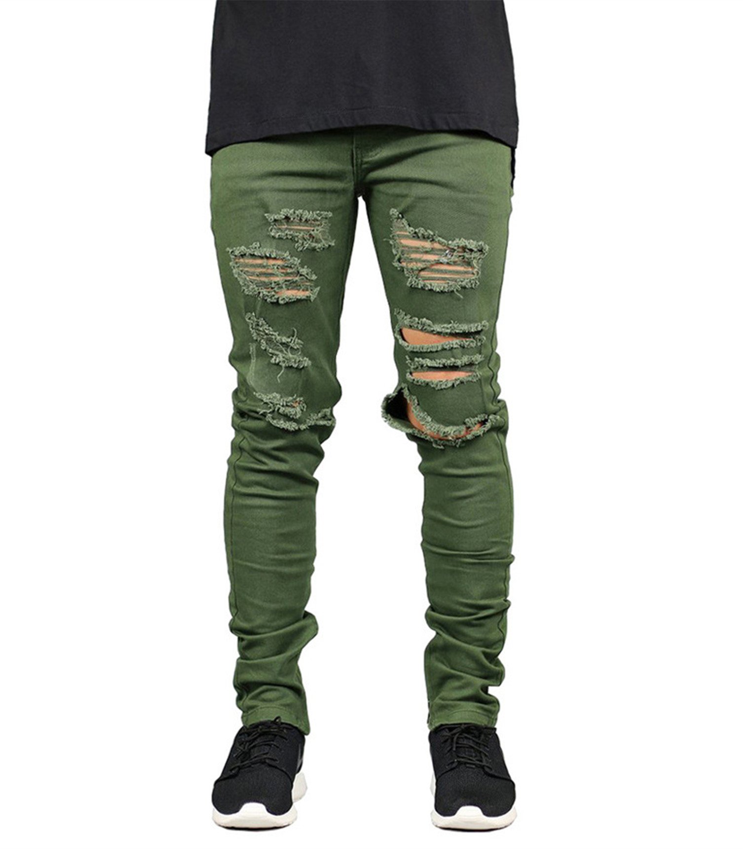 Men's Army Green Distressed Destroyed Ripped Slim Fit Skinny Stretch Denim Jeans W32