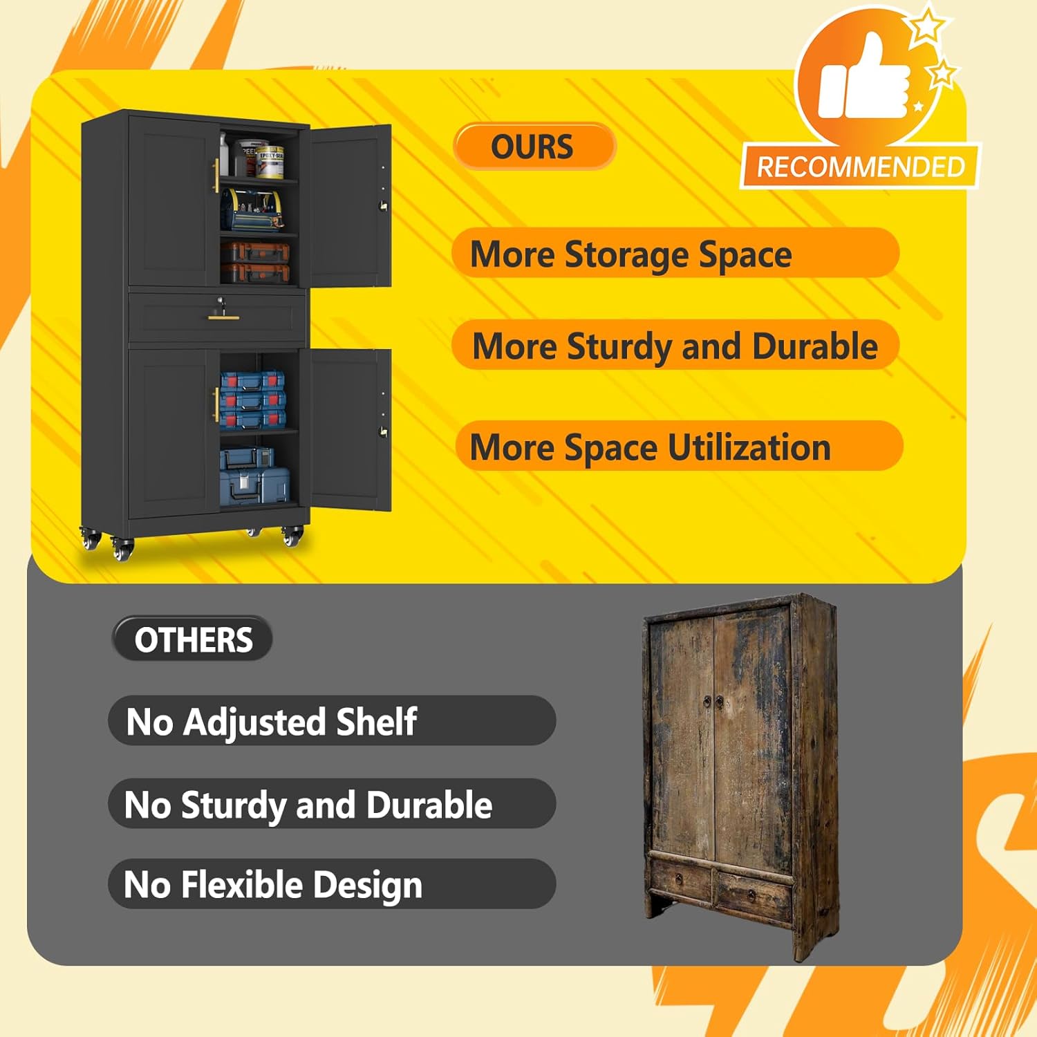 71" Tall Metal Garage Storage Cabinet with Wheels and Drawer, Steel Lockable File Cabinet with 3 Adjustable Shelves, Heavy Duty Locking Tool Cabinets for Garage, Home, Office, Gym, School (Black) thumbnail