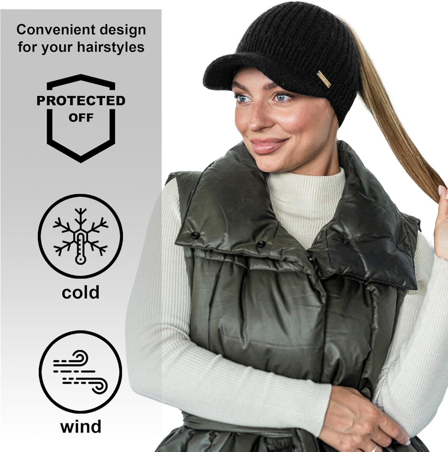 Beanie Visor - Womens Winter Wool Knit Hat with Brim - Billed Knit Cap Newsboy Hats