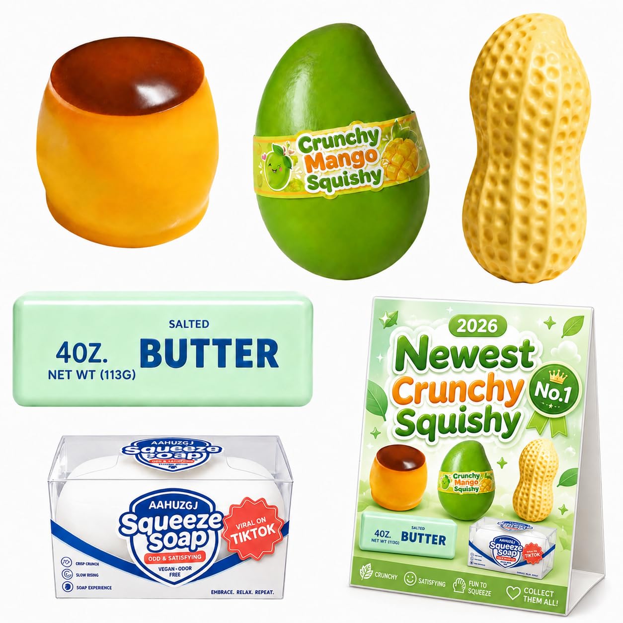5PCS Crunchy Squishy Slow Crunchy Squishies Squeeze Stress Ball | Butter Mango Peanut Soap Pudding Squishys Squeezy Asmr Bead Filled, Stress Stick Rebound Calming Desk Decor Adults Party Favor