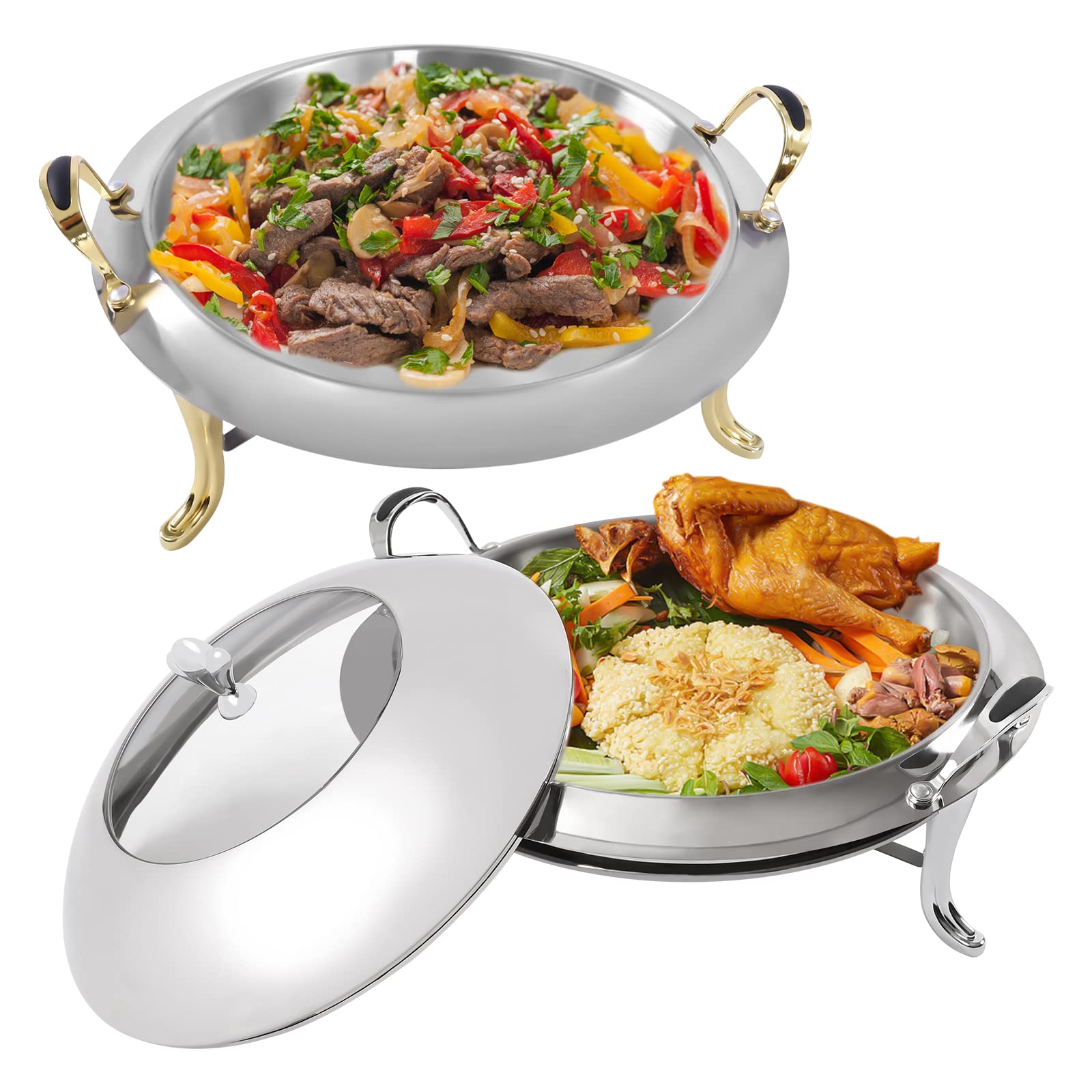 Chafing Dish, okrągły pojemnik do podgrzewania żywności, 5 l, z uchwytem i pokrywką, podgrzewacz do potraw cateringowych i na imprezę, srebrny, złoty