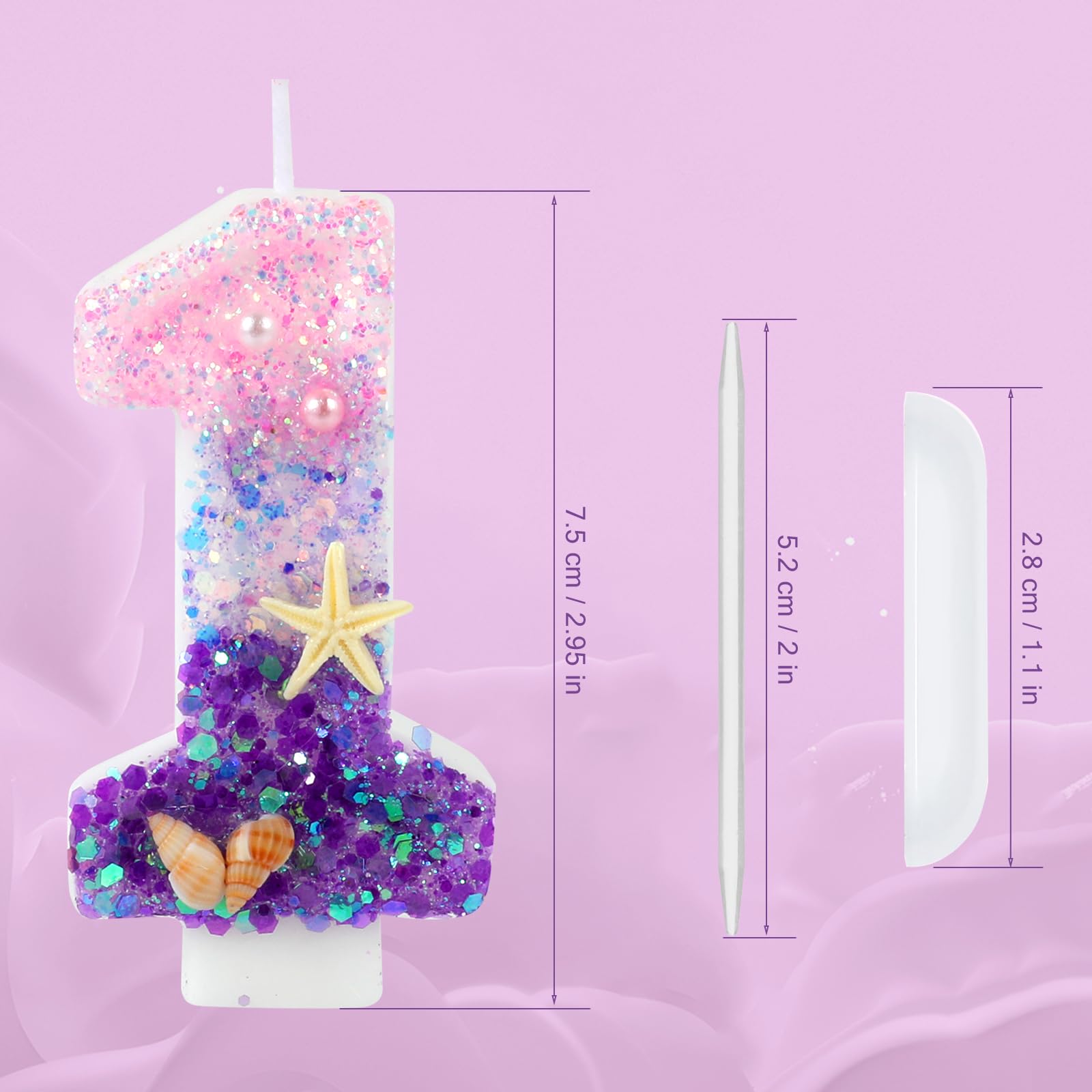 Velas de cumpleaños, velas rosas y moradas del número 1 decoradas con caracolas, estrellas de mar y perlas para decoración de tartas de fiesta temática de sirena (número 1)