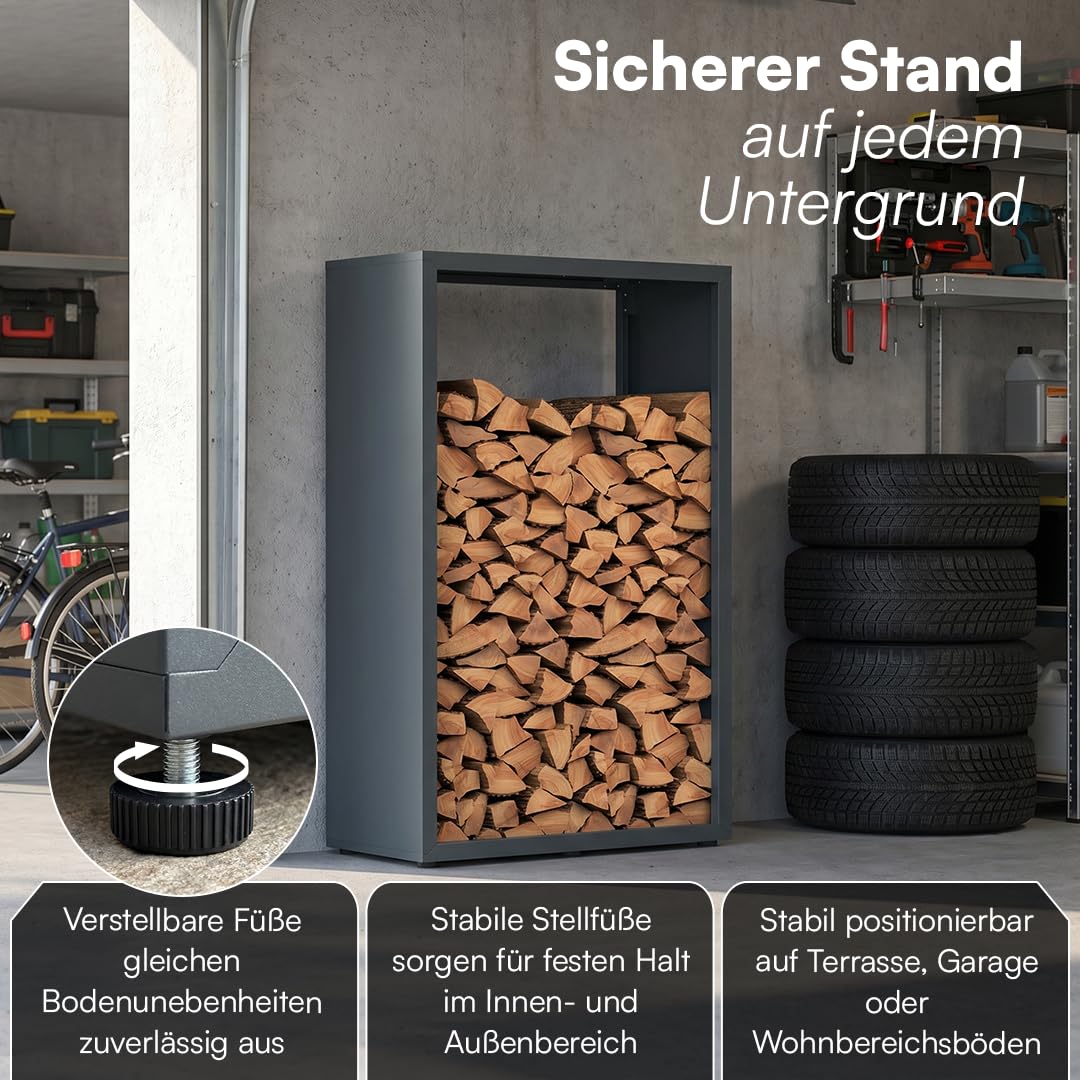 STEELSØN Keid Kaminholzregal 140x90x42,5 cm – Brennholz Regal für innen/außen – Holzunterstand stabiles Metall - rostfrei & wetterfest - Feuerholz Aufbewahrung Outdoor & Wohnzimmer/Keller - anthrazit