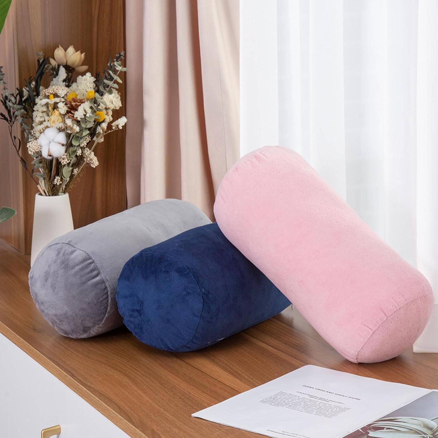 1 MIDDLE ONE Bolster Pillow with Removable Velvet Cover, Round Cylinder Neck Roll Pillow for Head, Back, Leg Support, Decorative Bed and Couch Pillow 16 x 6 Inches (Blue)