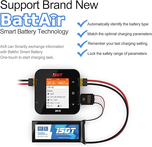 Miniatura 6 de ISDT Cargador de batería Air8 Lipo, cargador de equilibrio descargador de 20 A, 500 W, CC 1-8 S, pantalla LCD digital inteligente cargador de