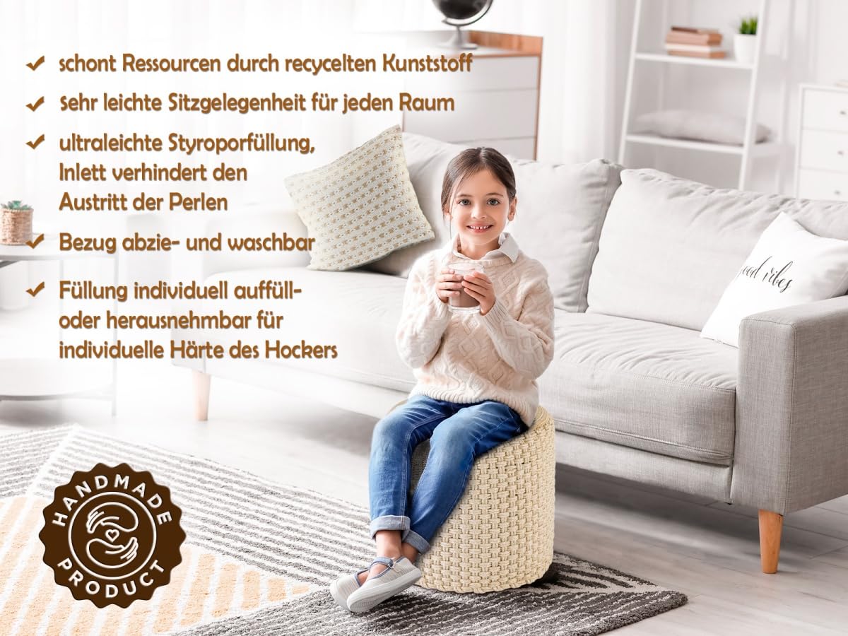 Hocker Sitzhocker Merino Pouf Indoor Outdoor ø40 H45cm Sitzpouf nachfüllbar Farbe beige - weiß