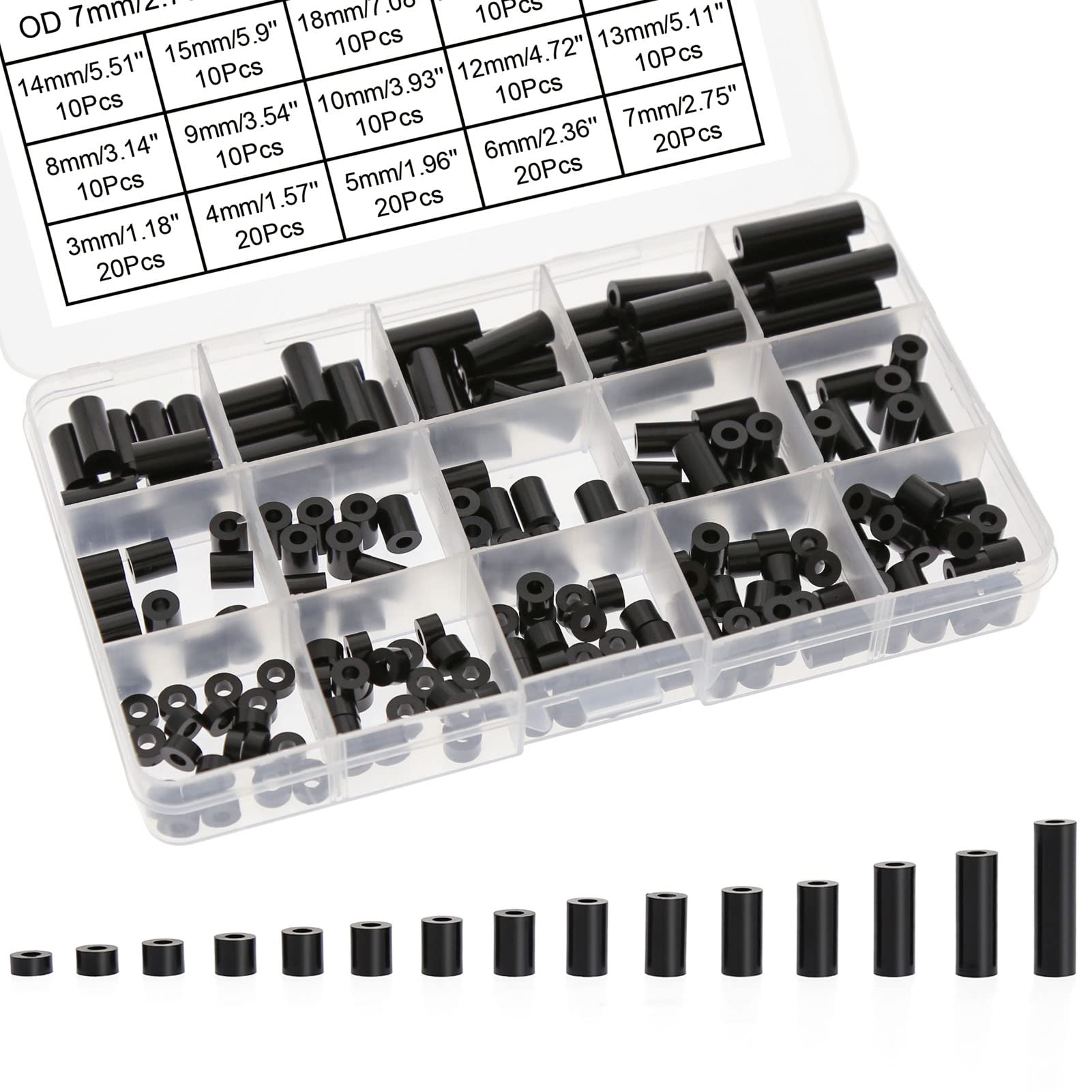 Evemodel 200pcs ABS Round Spacer ID 3.2mm OD 7mm Length 3mm to 25mm for M3 Screws Washers for Screws with Storage Box DIY Accessories