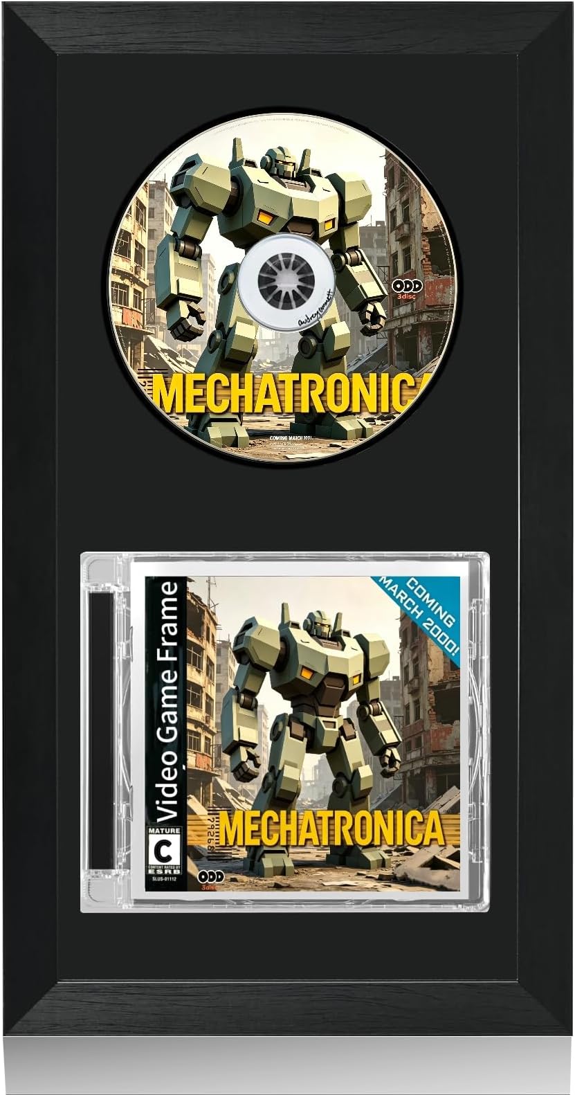 Video Game Display Frame Compatible with PS1, Holds 1 Game Disc and 1 Jewel Case, Wooden Memory Frame for Wall or Tabletop Display, Black Flocked Liner and Plexiglass, 13.4 x 7.9 in