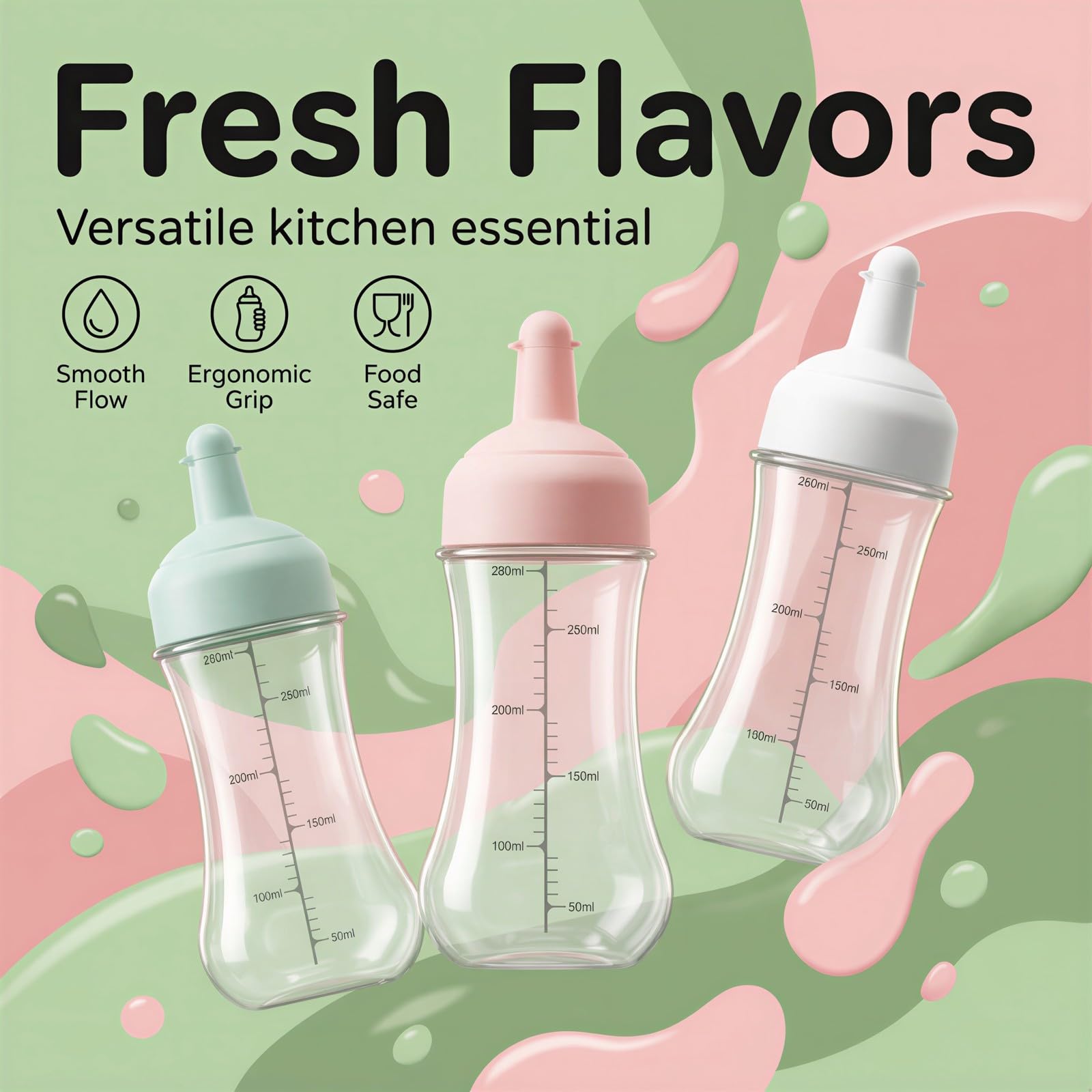 3 Stk. Soßen-Squeeze-Flaschen 350 ml, nachfüllbare Kunststoffflaschen mit Messmarkierungen, Küchen-Squeezer für Ketchup, Senf und BBQ, für Küche, Picknick und Gastronomie, 19,2 x 7,3 cm