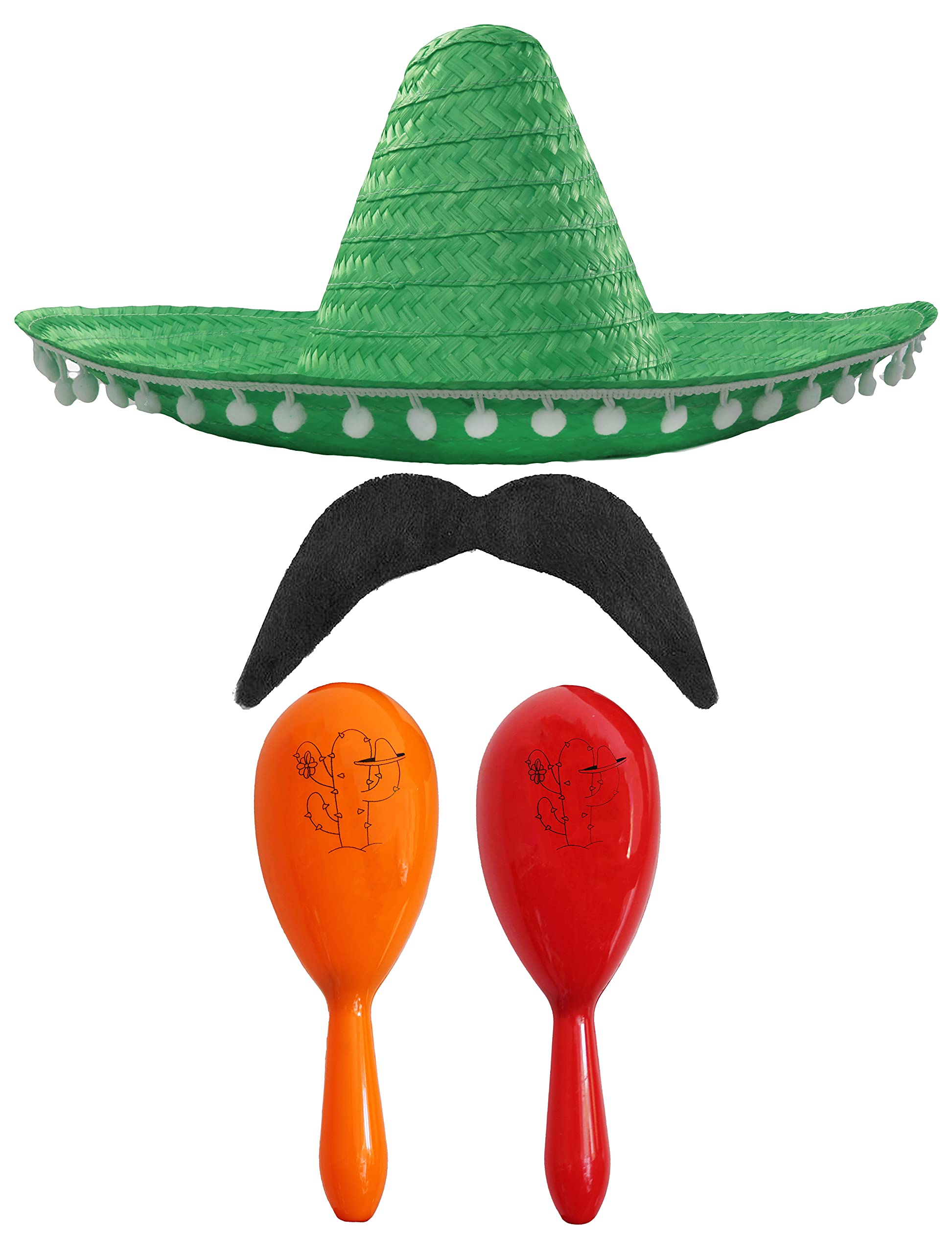 Adults Mexican Accessory Set - Green Mexican Sombrero, Orange & Red Maracas, Moustache - Mexican Cinco de Mayo Sensorita Bandit Mariachi Fancy Dress Costume Accessory Set