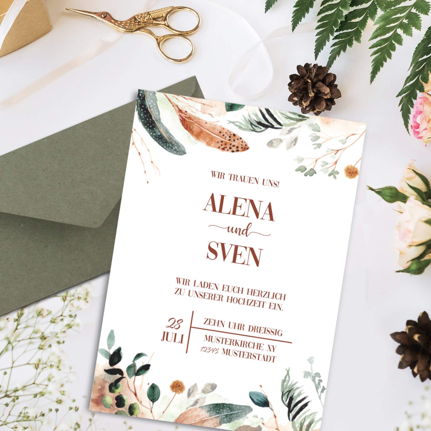 250 juegos de cartas DIN A4 - papel natural en popurrí natural crema con plumas y ramas - con sobres DIN largo en papel kraft gris / verde papelería imprimible ideal para invitaciones de boda