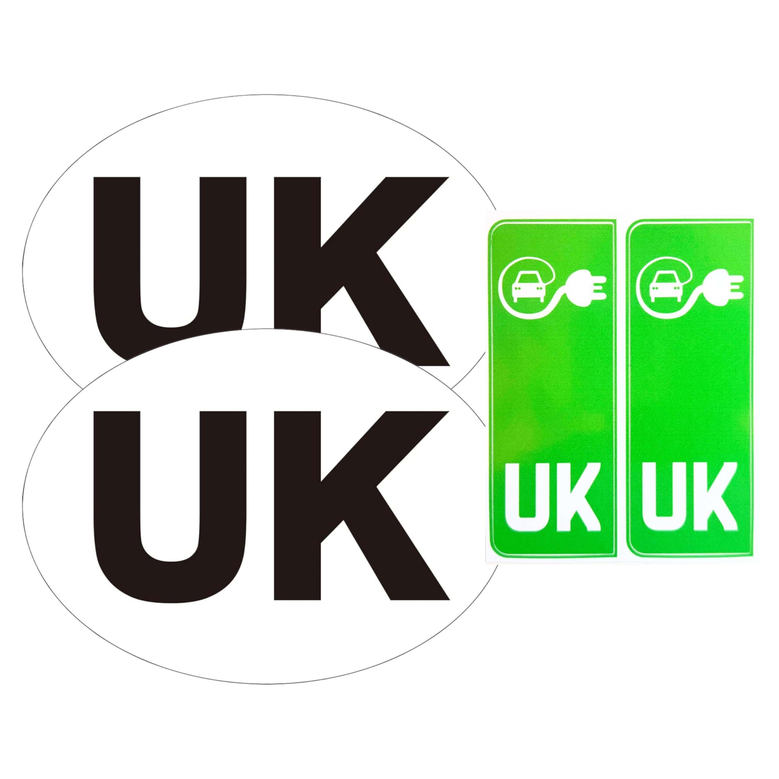 Tek Automotive | 4 Pack UK Green EV Number Plate Stickers + UK Car Stickers for Europe | Legal UK Badge for Cars & Travel | Waterproof Vinyl UK Reg Plate & Bumper Stickers
