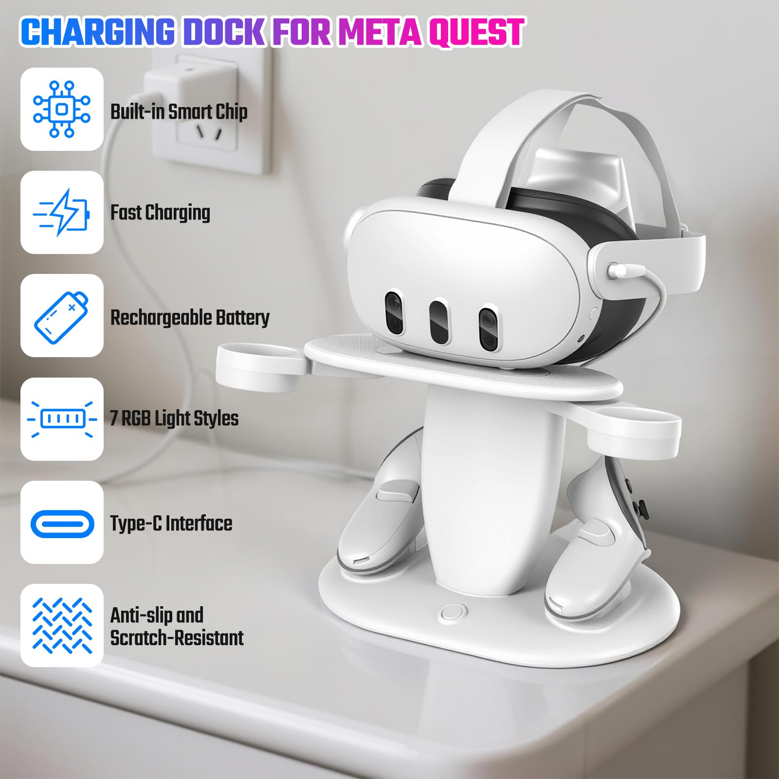 Base de carga para Meta Quest 2 3 3S estación de carga magnética para auriculares y controladores de realidad virtual Oculus Quest 2/3/3S, soporte de accesorios con RGB y 2 baterías recargables de