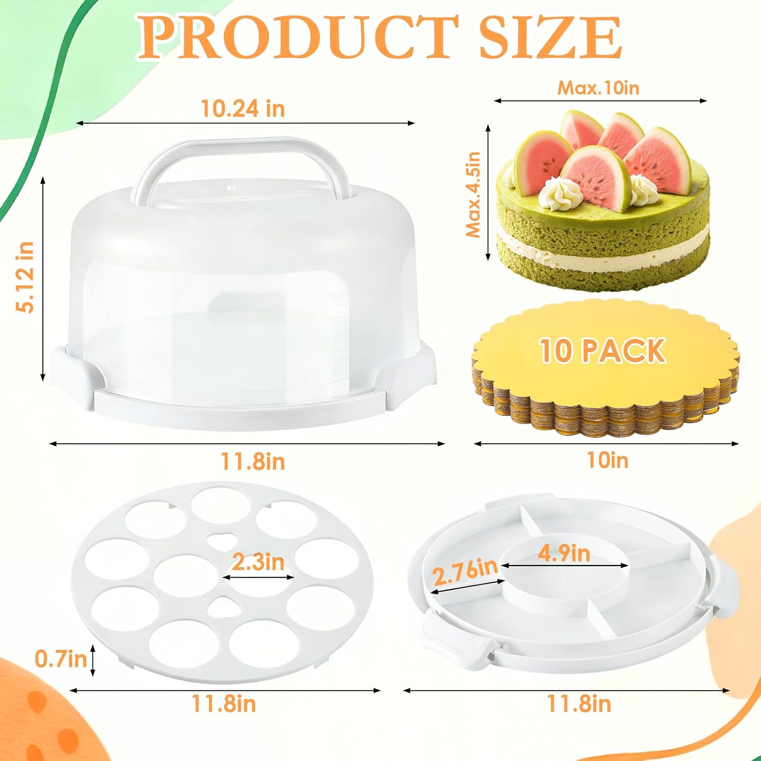 10 Inch Cake Carrier with Lid and Handle, Round Cake Container Cake Cover with 10 Inch Cake Boards & Cupcake Carrier, Portable Cake Holder with Lid for Transport Pie Nuts Fruit, White