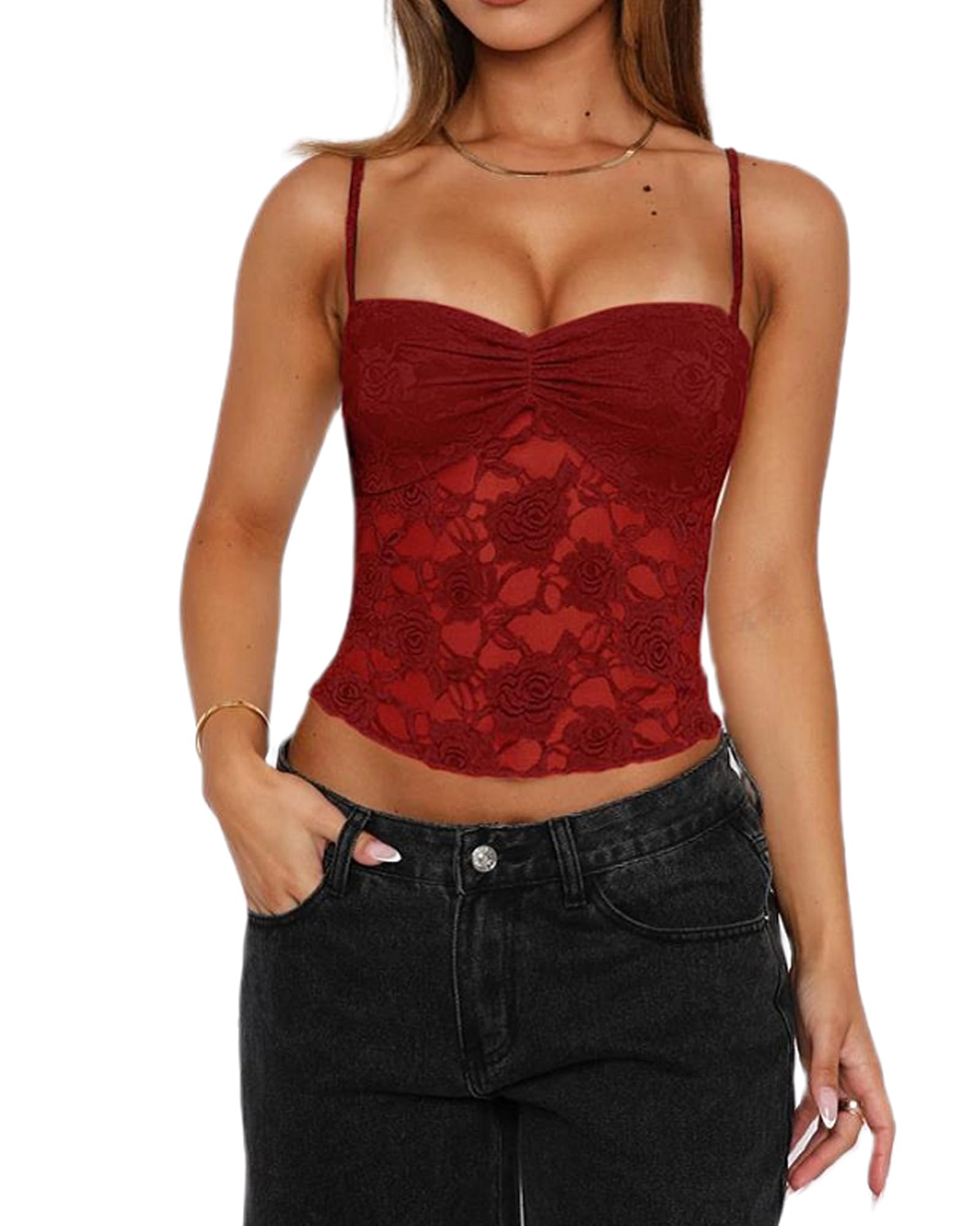 YOUDTIAN Womens Y2k Lace Cami Tops Sleeveless Spaghetti Strap Mesh Floral See Through Crop Camisoles Going Out Tops Streetwear (A-Claret, S)