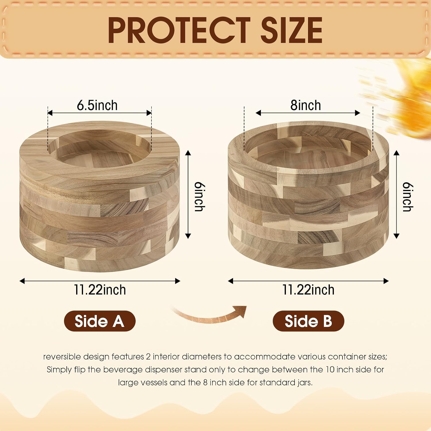 Lewtemi Acacia Wood Drink Dispenser Stand with 6.5" & 8" ID, Reversible Dual Sided Beverage Dispenser Stand for Glass Drink Dispensers, Water Jugs, Water Pitcher, Beverage Containers
