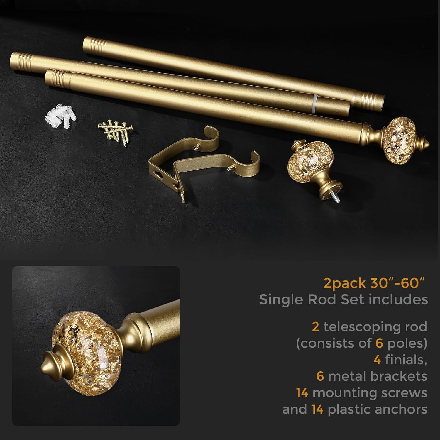 2 Pack Gold Curtain Rod for Windows 28 to 48 Inches, 1'' Heavy Duty Adjustable Modern Drapery Rods with Unique Crystal Finials, Luxury Decorative Curtain Rods, Size: 30-60''