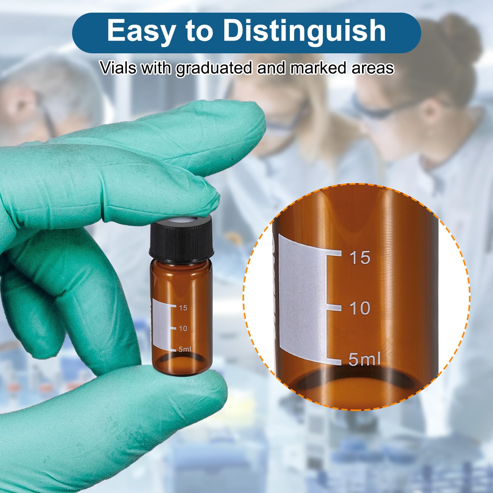 PATIKIL Vial de muestreo automático de 20 ml, paquete de 100 viales HPLC/GC 9-425 viales ámbar de laboratorio, viales de muestra, tapón de rosca, parche de escritura de PTFE blanco y septa de silicona