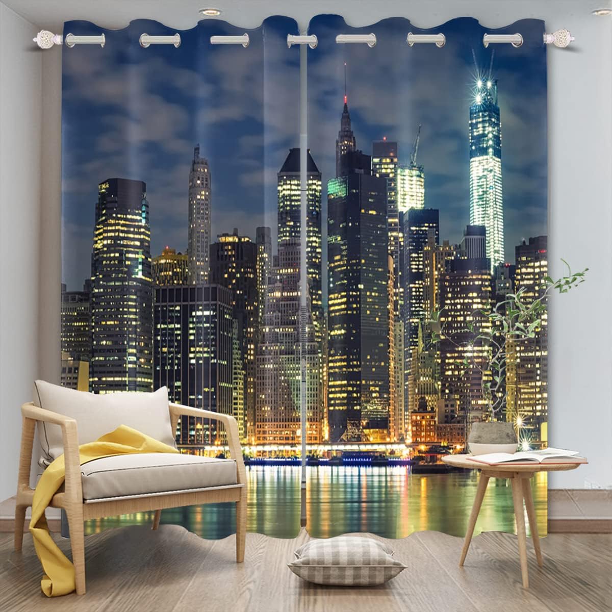 New York Night View Blackout Curtains Manhattan Skyline Skyscrapers River Urban City Landscape Darkening Window Drapes 2 Panel Set for Office Living Room Bedroom Decorative, 21x45 Inches